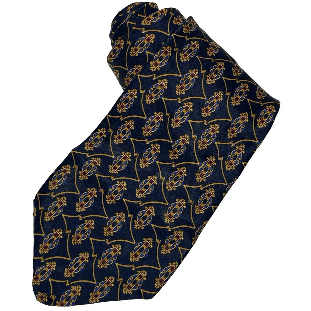 Vintage Domani Necktie Tie Navy Gold Geometric Medallion Italian Silk USA Made